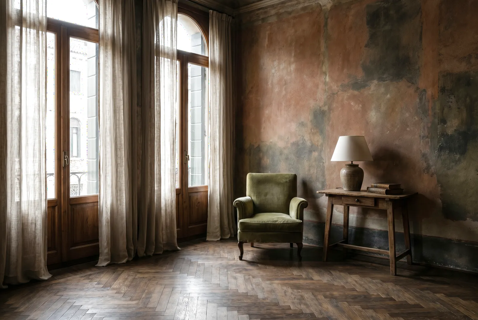 Interno di appartamento storico italiano restaurato con ampie finestre