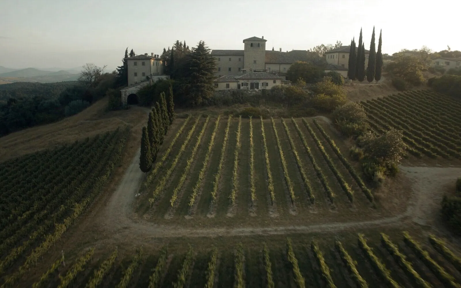 Filari di vigneto in Toscana con una tenuta in pietra