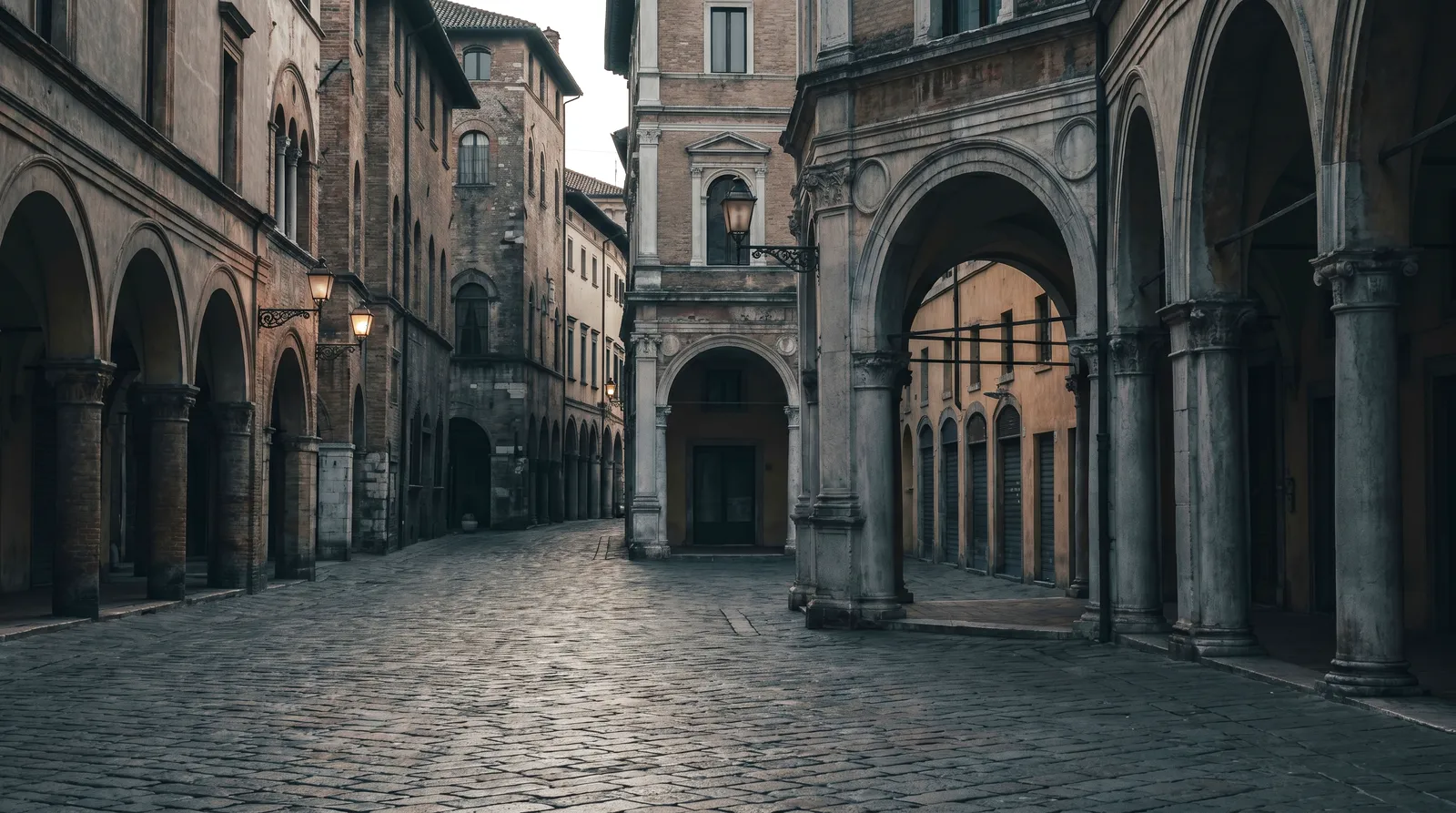 A Renaissance piazza in Italy at dawn